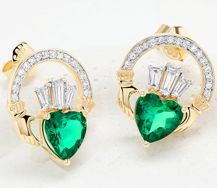 Shanore 14kt Gold Lab Emerald and Diamond Claddagh Drop Earrings