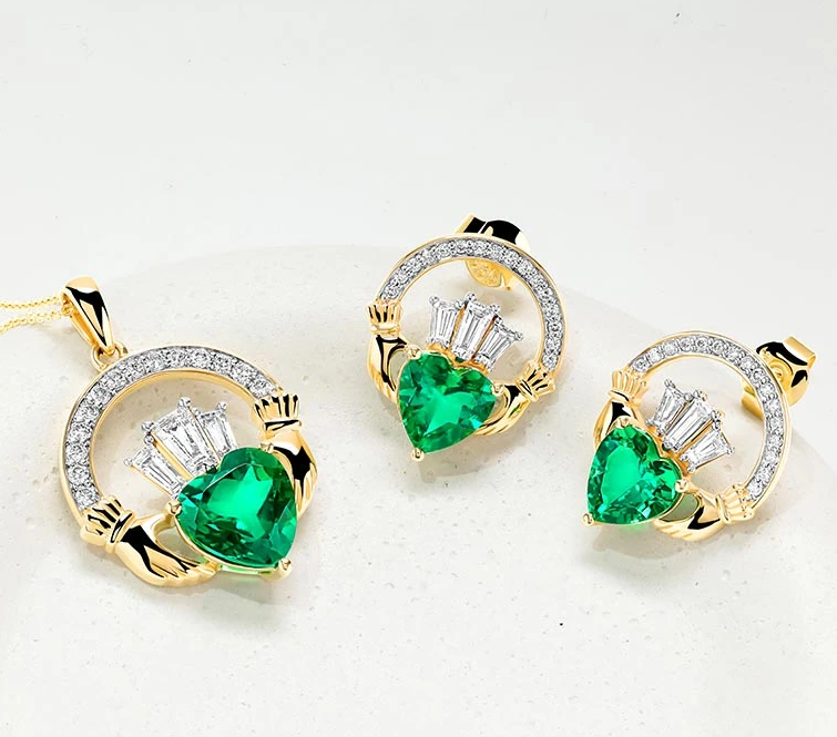 Shanore 14kt Gold Lab Emerald and Diamond Claddagh Drop Earrings