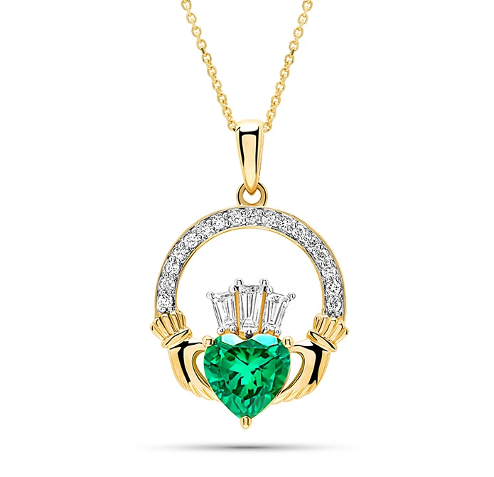 Shanore 14kt Gold Lab Emerald and Diamond Claddagh Medium Necklace