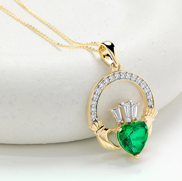 Shanore 14kt Gold Lab Emerald and Diamond Claddagh Medium Necklace