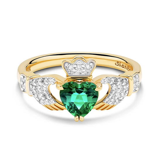 Shanore 14kt Yellow Gold Claddagh Ring Emerald Heart and Lab Diamonds