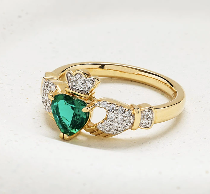 Shanore 14kt Yellow Gold Claddagh Ring Emerald Heart and Lab Diamonds