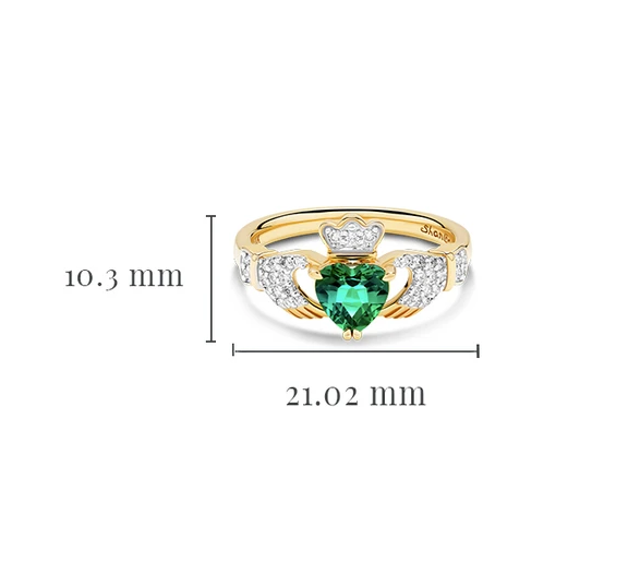 Shanore 14kt Yellow Gold Claddagh Ring Emerald Heart and Lab Diamonds