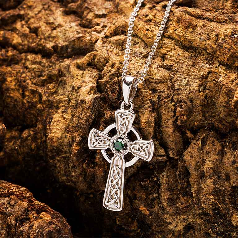 Shanore Sterling Silver Green CZ Celtic Cross Pendant