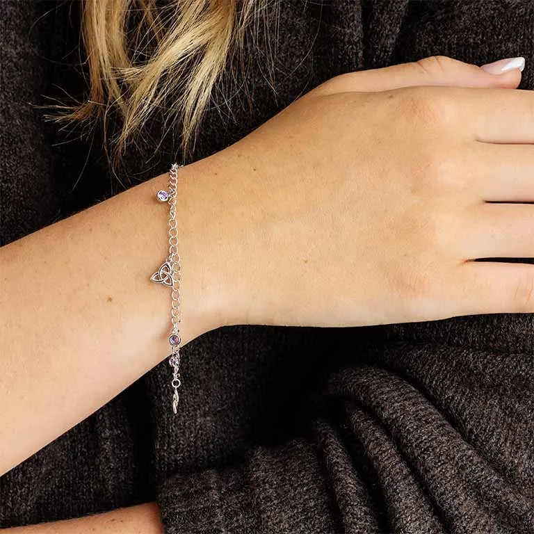 Sterling Silver Celtic Trinity Knot Bracelet with Amethyst Cubic Zirconia Charms