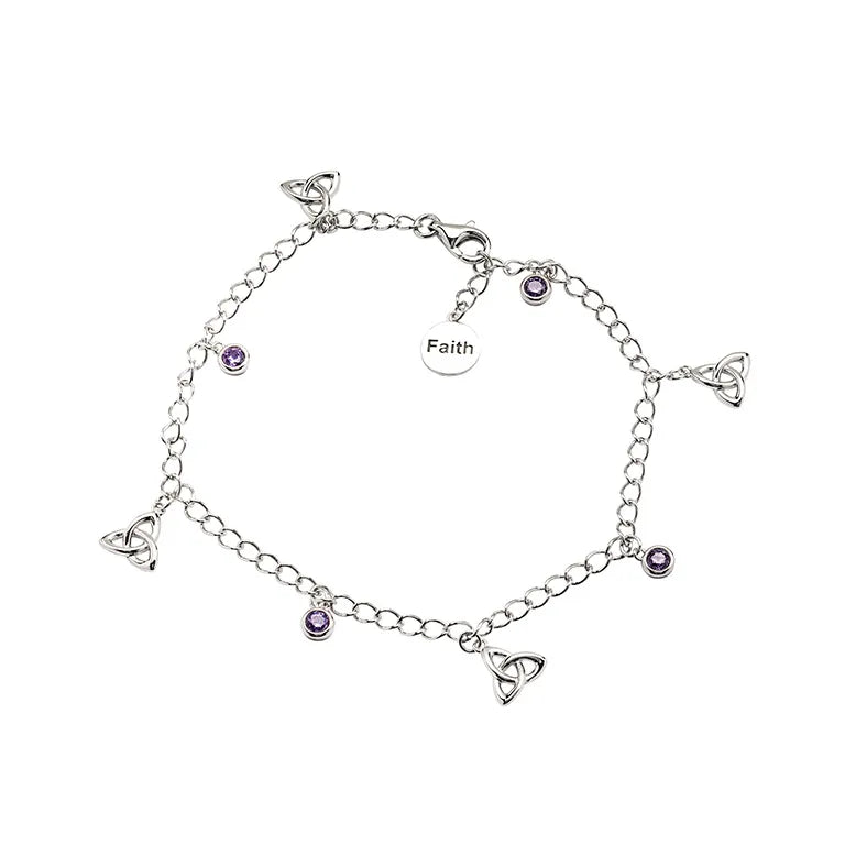Sterling Silver Celtic Trinity Knot Bracelet with Amethyst Cubic Zirconia Charms
