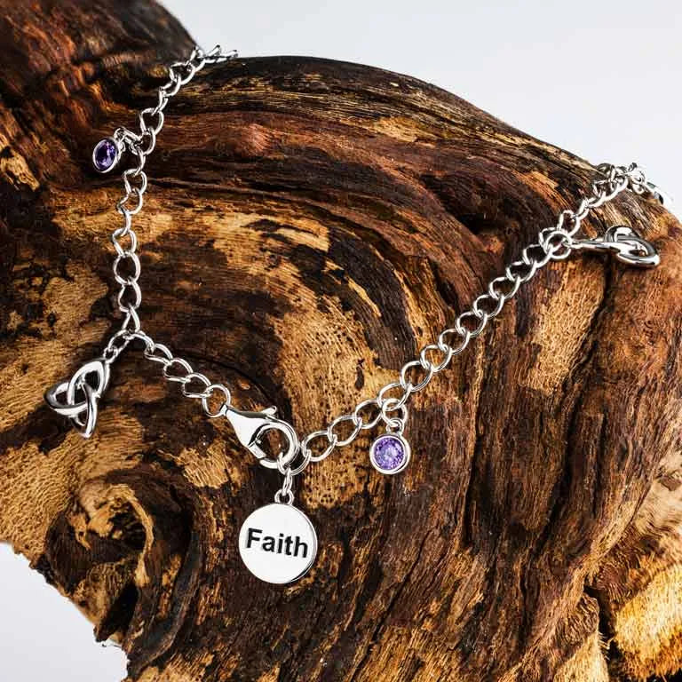 Sterling Silver Celtic Trinity Knot Bracelet with Amethyst Cubic Zirconia Charms