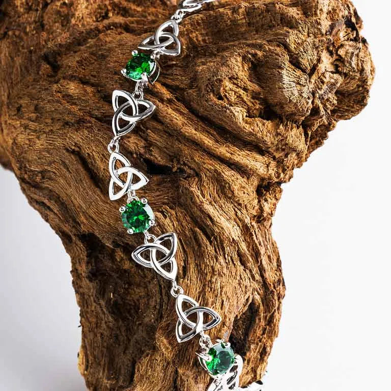 Sterling Silver Celtic Trinity Knot Bracelet with Emerald Green Cubic Zirconia Beads