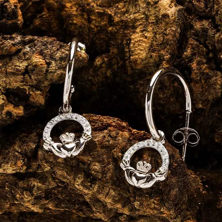 Shanore Sterling Silver Crystal Claddagh Hoop Earrings
