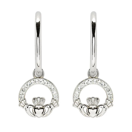Shanore Sterling Silver Crystal Claddagh Hoop Earrings