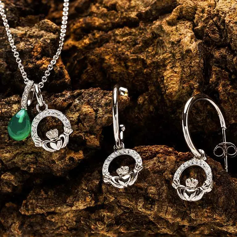 Shanore Sterling Silver Crystal Claddagh Hoop Earrings