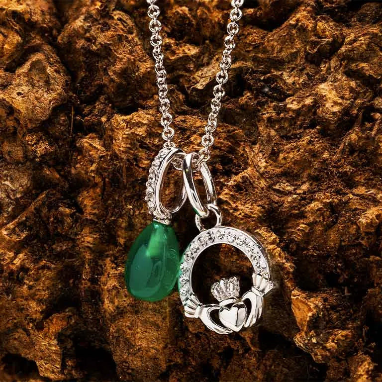 Sterling Silver Crystal and Green Agate Claddagh Necklace