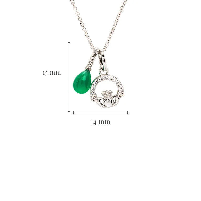 Sterling Silver Crystal and Green Agate Claddagh Necklace
