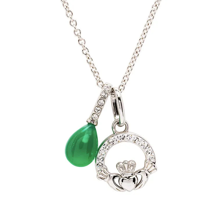 Sterling Silver Crystal and Green Agate Claddagh Necklace