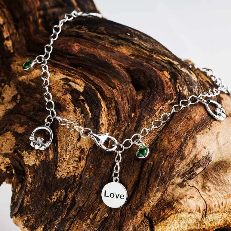 Sterling Silver Irish Claddagh Bracelet with Emerald Green Cubic Zirconia Charms