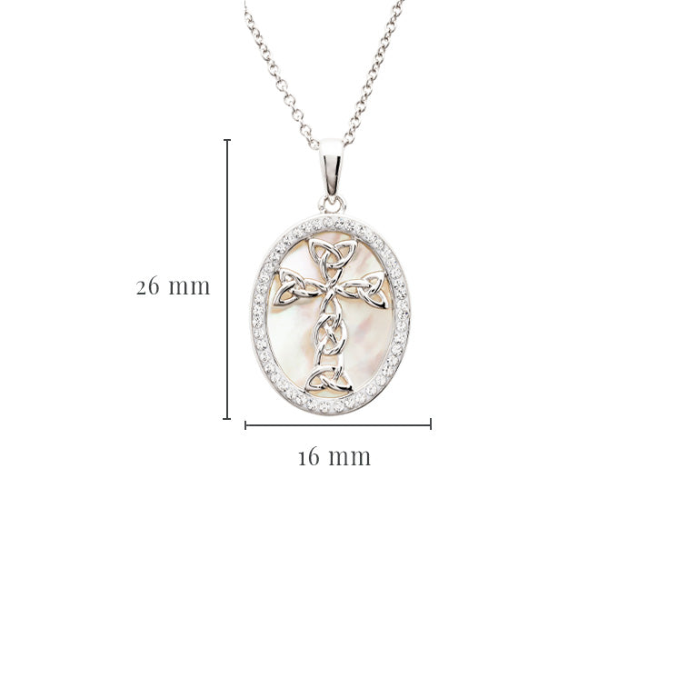 Sterling Silver Mother of Pearl Celtic Cross Medallion Pendant with White Crystals