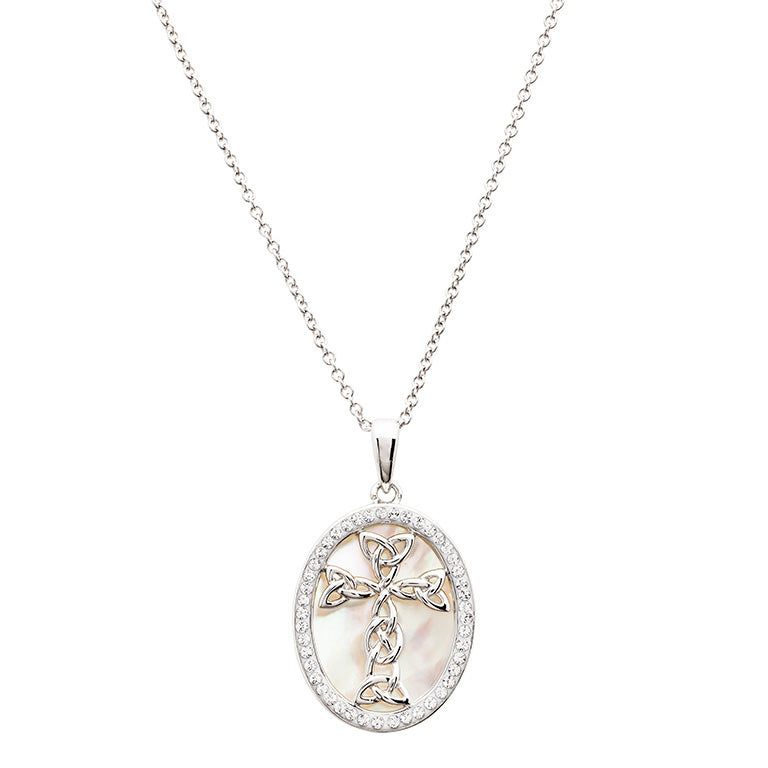Sterling Silver Mother of Pearl Celtic Cross Medallion Pendant with White Crystals
