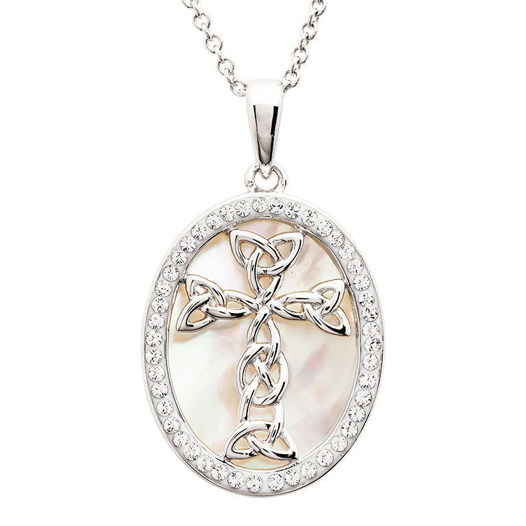 Sterling Silver Mother of Pearl Celtic Cross Medallion Pendant with White Crystals