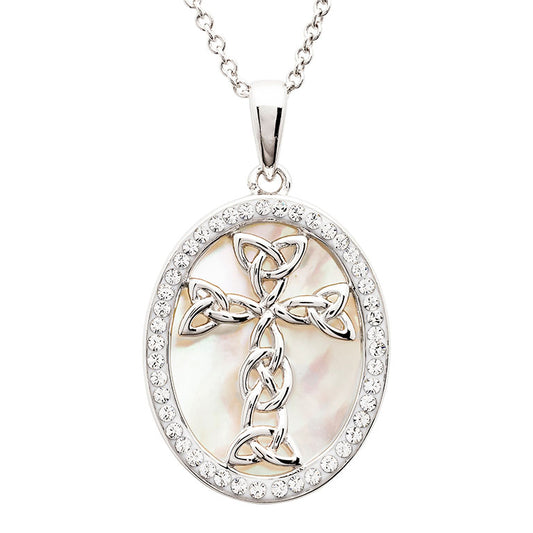 Sterling Silver Mother of Pearl Celtic Cross Medallion Pendant with White Crystals