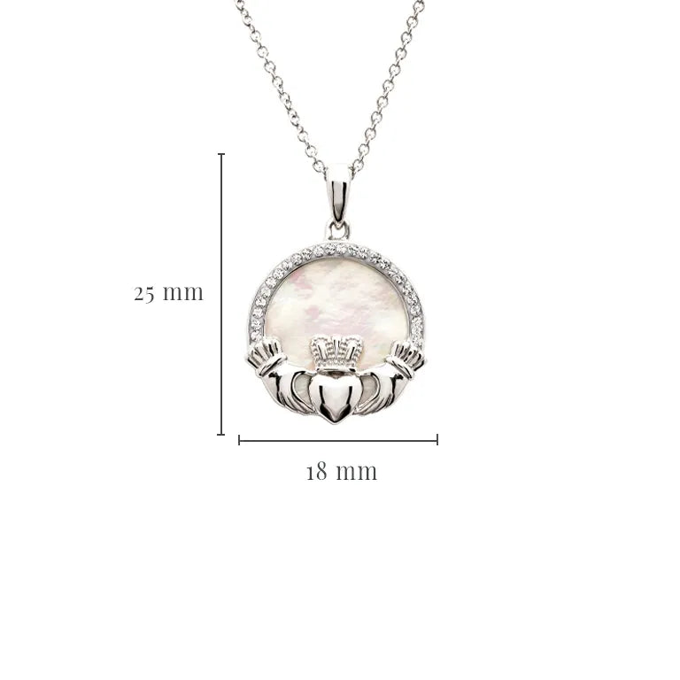 Sterling Silver Mother of Pearl Irish Claddagh Medallion Pendant with White Crystals