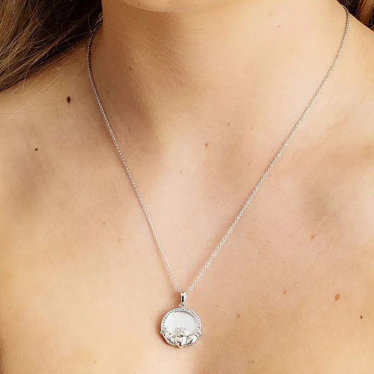 Sterling Silver Mother of Pearl Irish Claddagh Medallion Pendant with White Crystals
