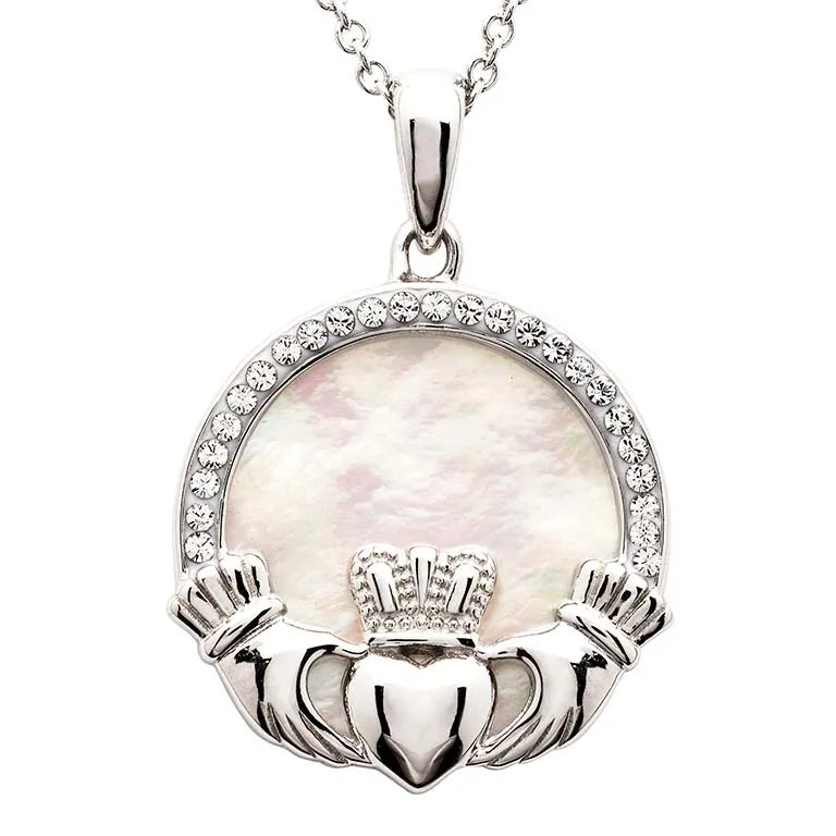 Sterling Silver Mother of Pearl Irish Claddagh Medallion Pendant with White Crystals