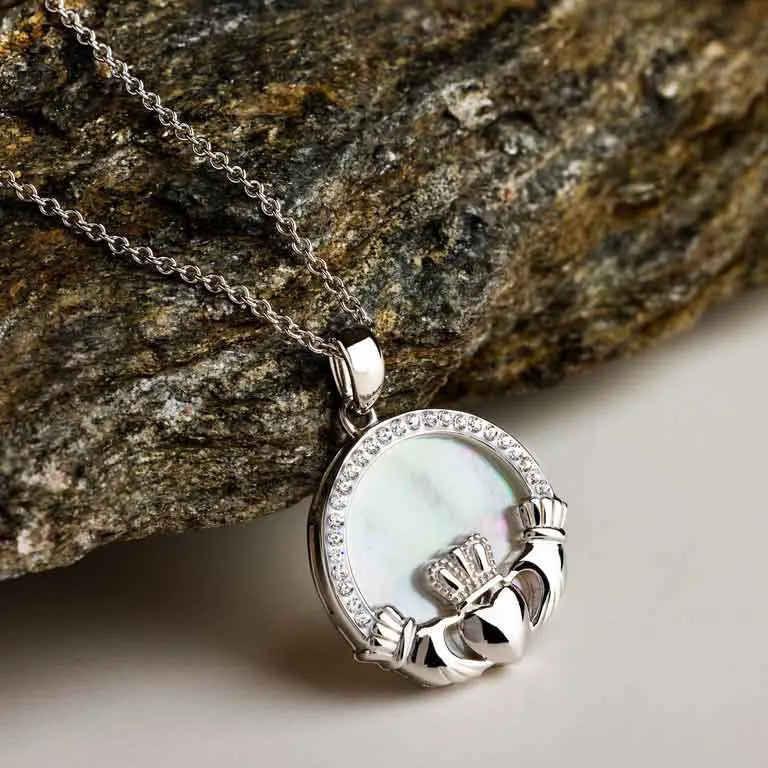 Sterling Silver Mother of Pearl Irish Claddagh Medallion Pendant with White Crystals