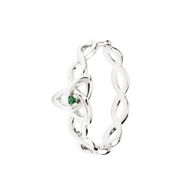 Shanore Sterling Silver Trinity Knot Ring with Green Cubic Zirconia