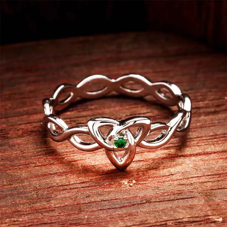 Shanore Sterling Silver Trinity Knot Ring with Green Cubic Zirconia