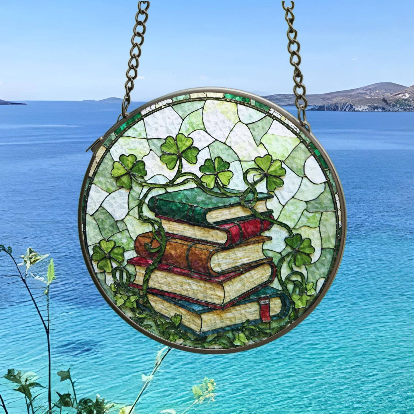 Stack of Books Clover Glass Suncatcher, Teacher Librarian