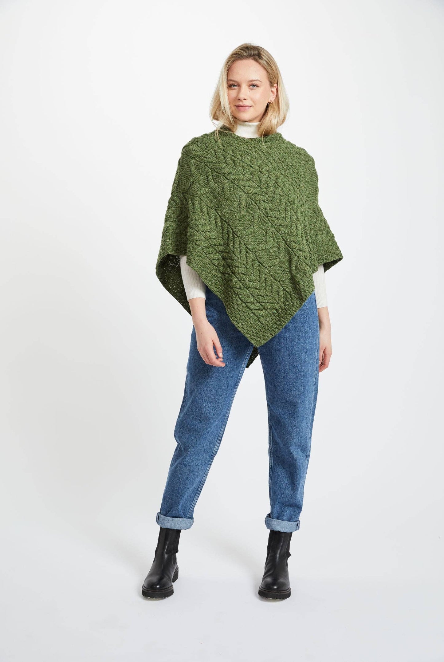 Aasleagh Falls Ladies Aran Poncho-Meadow Green
