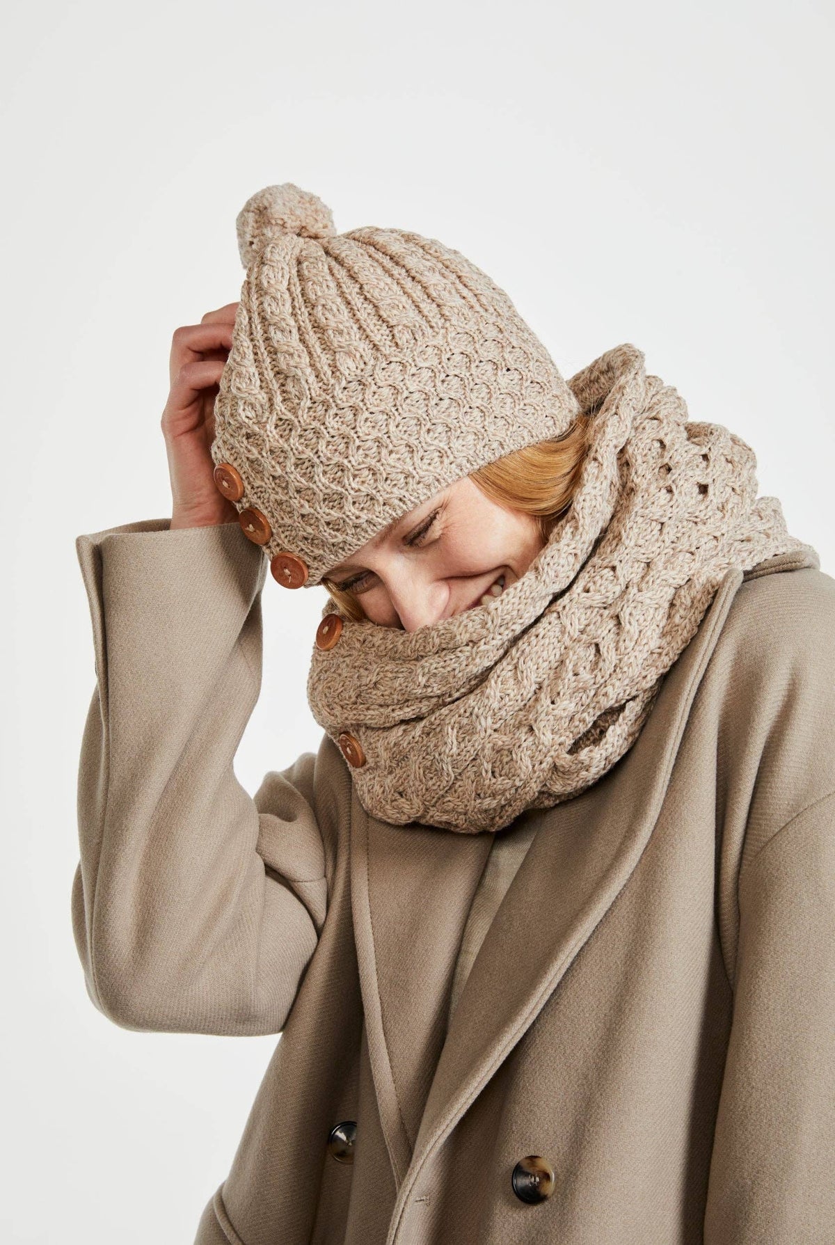 Shrule Merino Aran Hat with Pom Pom - Oat