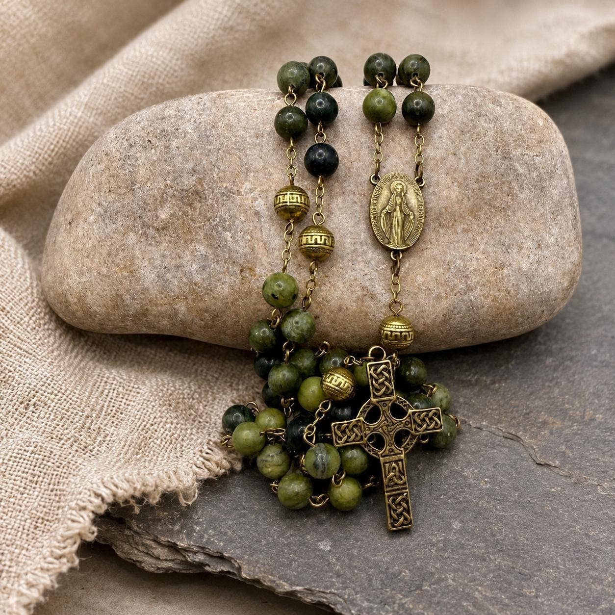 Green Jade Celtic Cross Catholic Rosary
