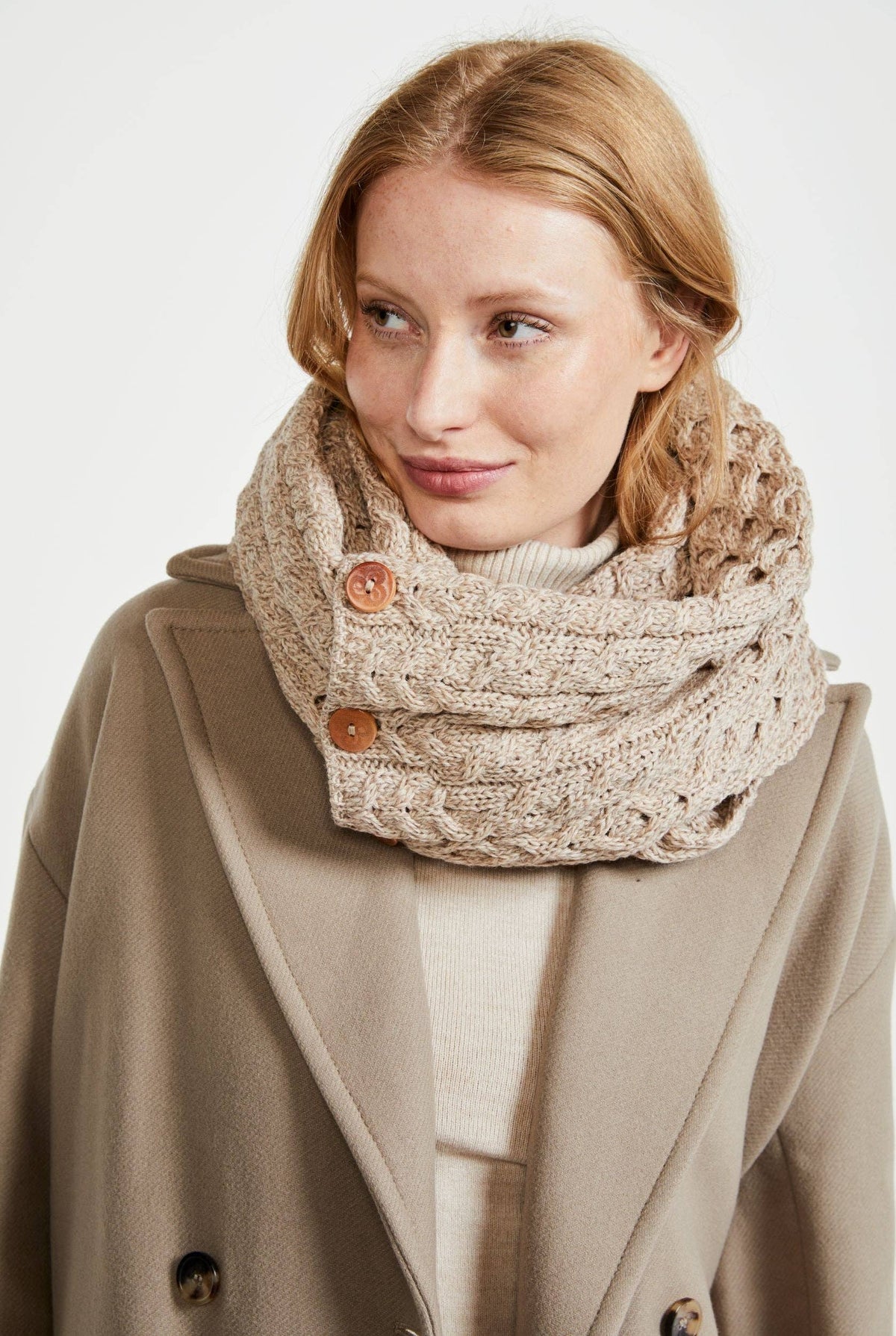 Kilmaine Aran Merino Snood Scarf with Buttons -  Oat
