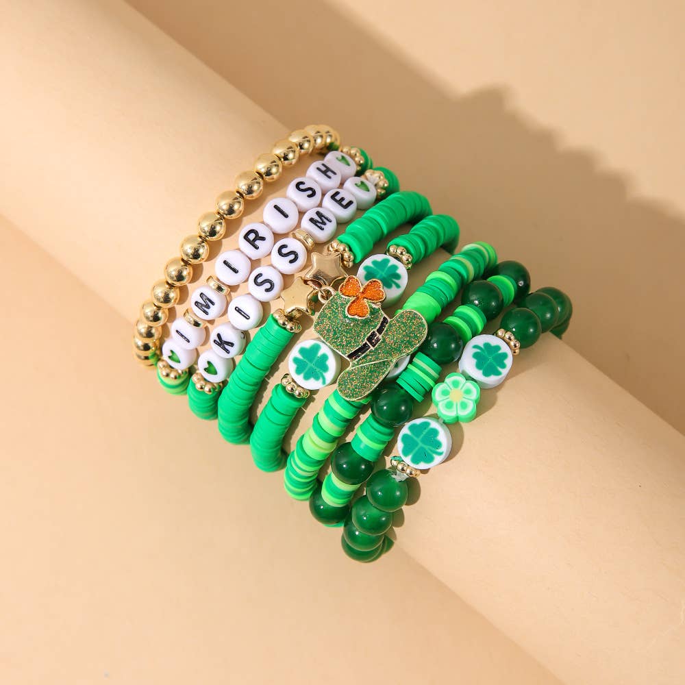 St. Patrick's Day Women Green Clover Smiley Beaded Bracelet