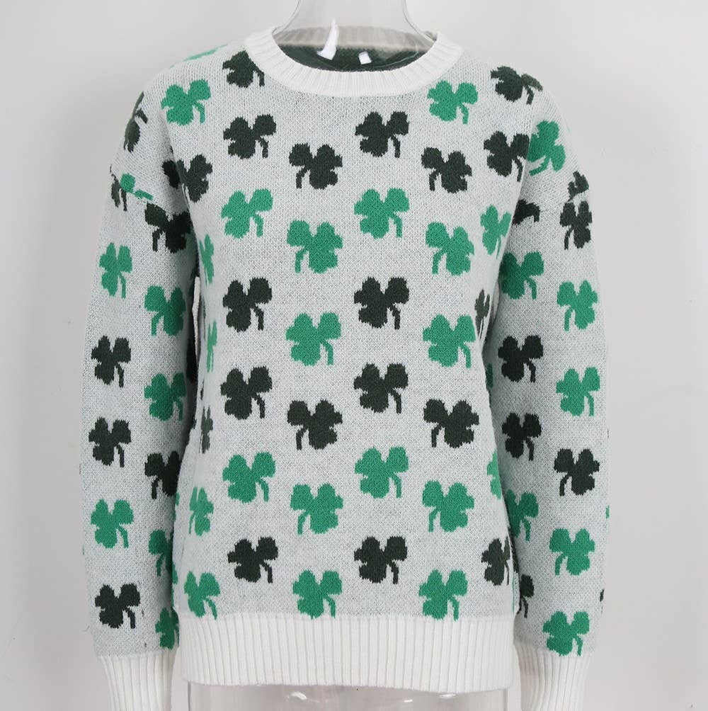 Clover Jacquard Trendy Crew Neck Knitted Sweater