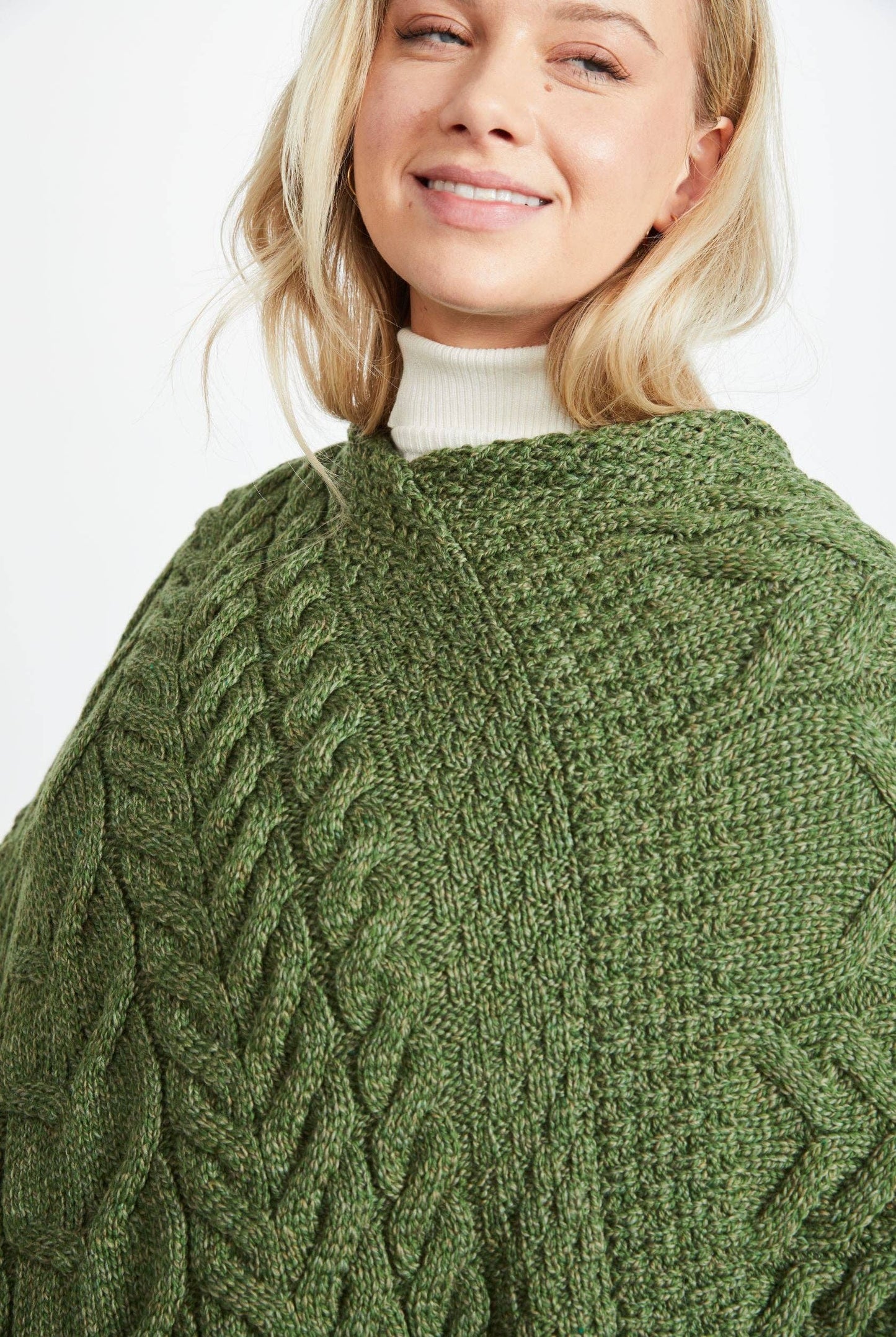 Aasleagh Falls Ladies Aran Poncho-Meadow Green
