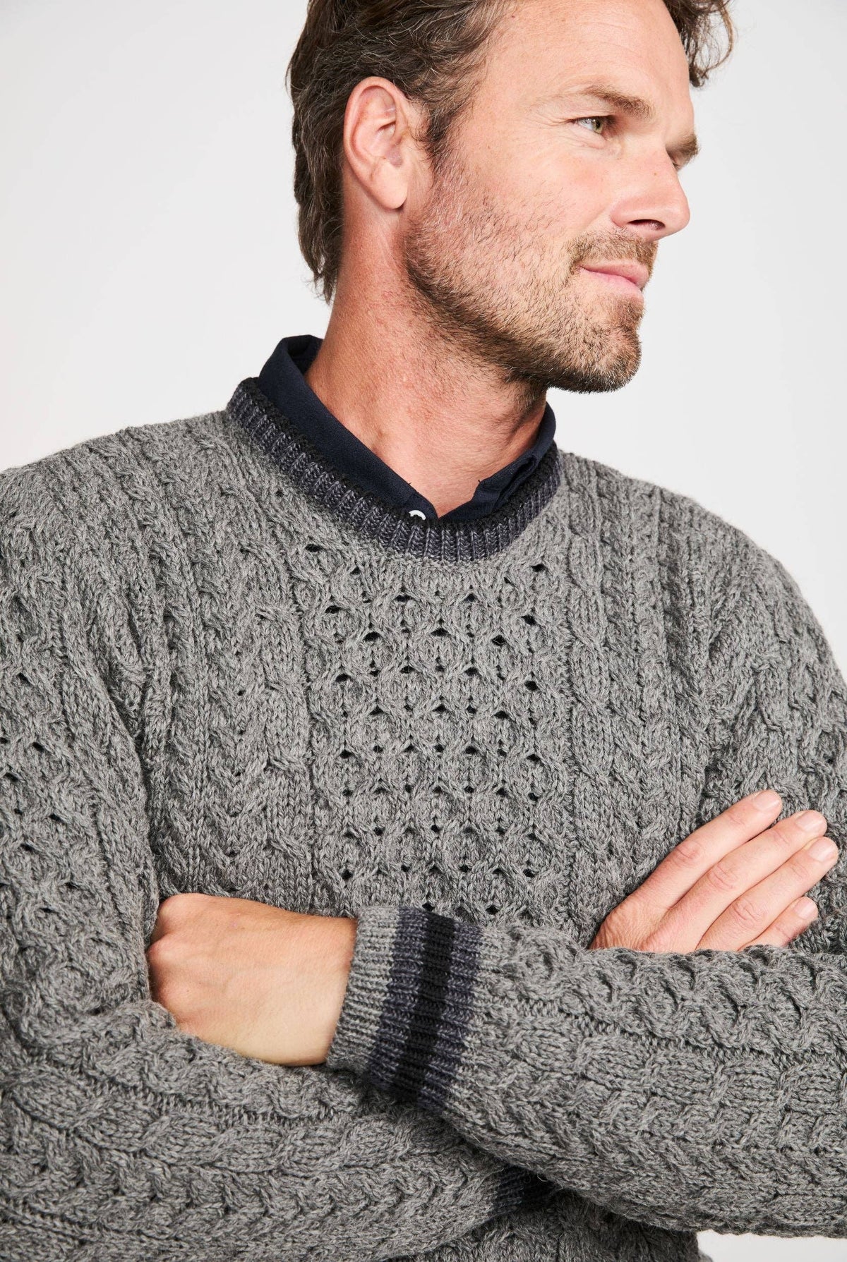 Inishbeg Mens Stripe Crewneck Merino Sweater - Grey