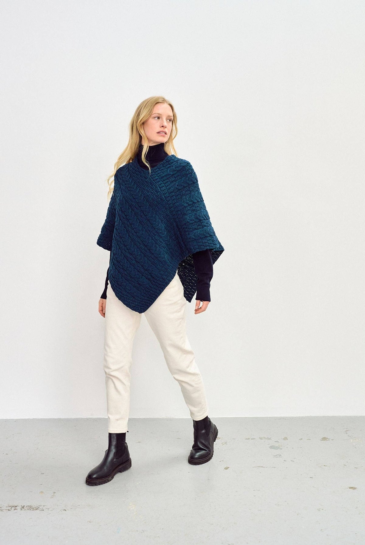 Glencar Ladies Classic Merino Aran Poncho - Atlantic
