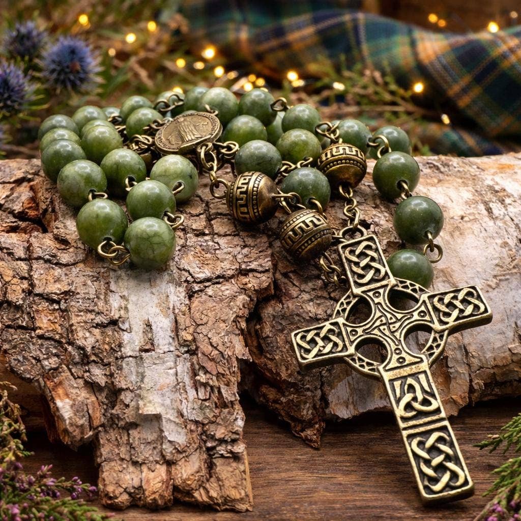 Green Jade Celtic Cross Catholic Rosary
