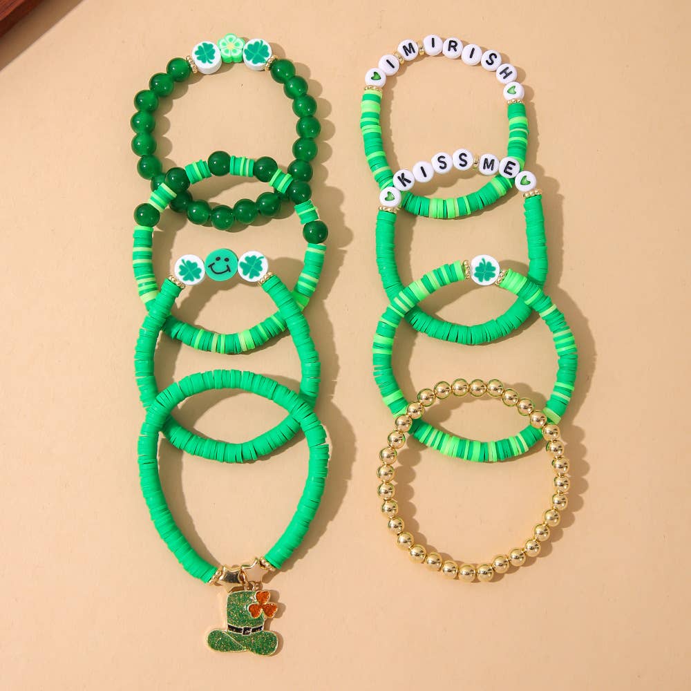 St. Patrick's Day Women Green Clover Smiley Beaded Bracelet