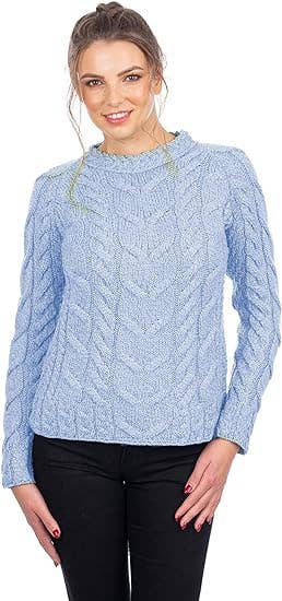 Light Blue Super Soft Merino Ladies' Cable Sweater-Medium