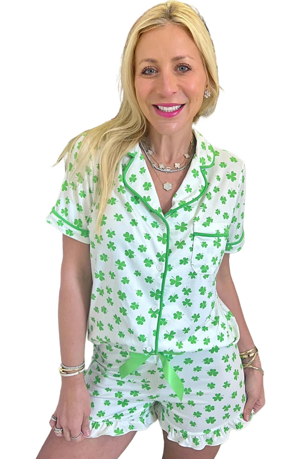Green St Patrick's Day Clover Print Shirt and Ruffle Hem Shorts Pajama Set