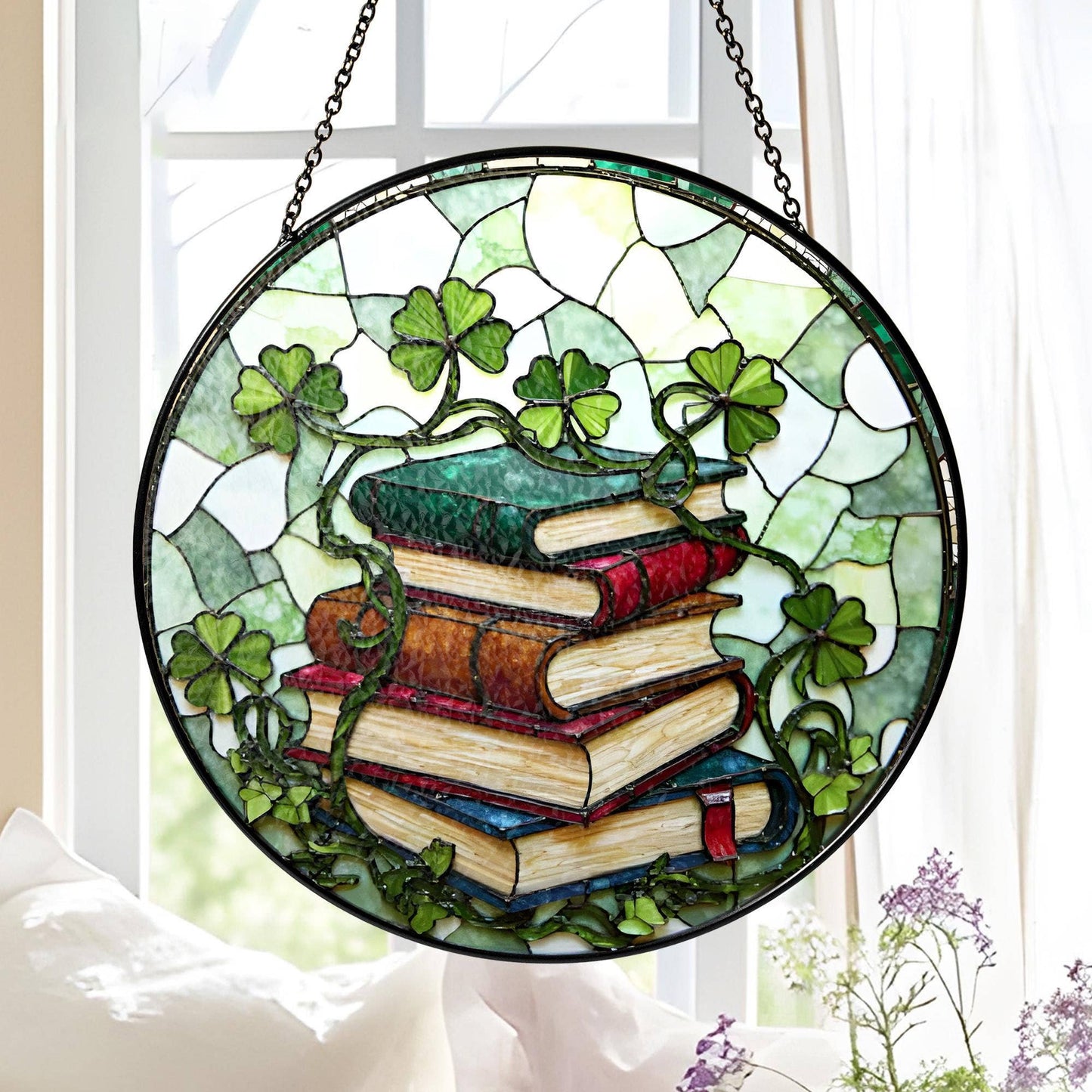 Stack of Books Clover Glass Suncatcher, Teacher Librarian