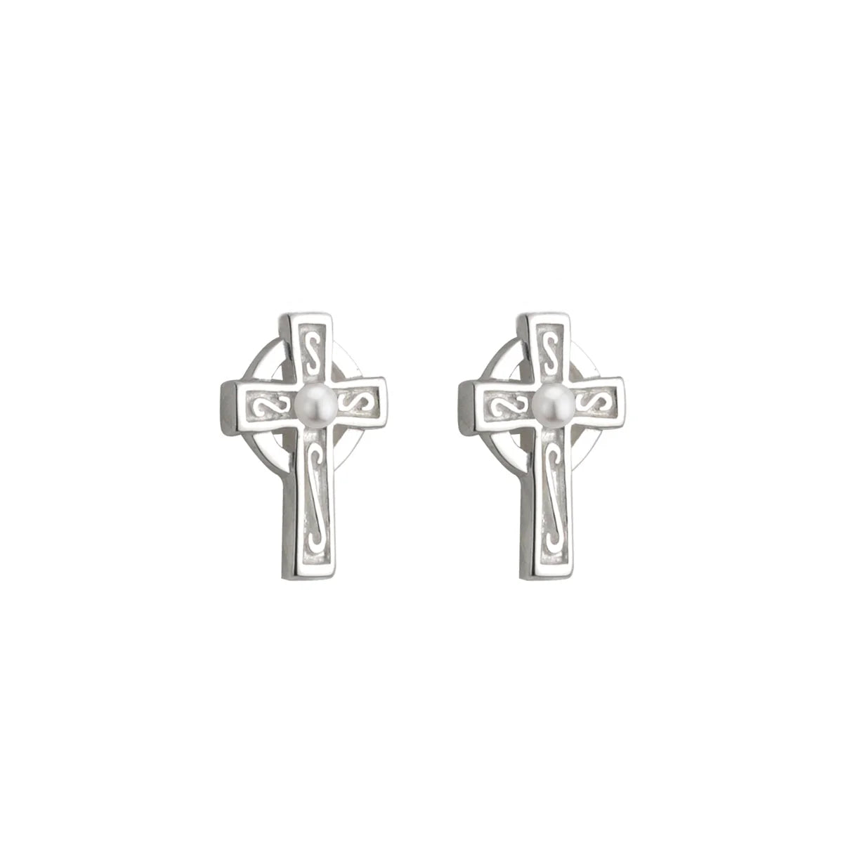 Little Tara Communion Pearl Celtic Cross Stud Earrings