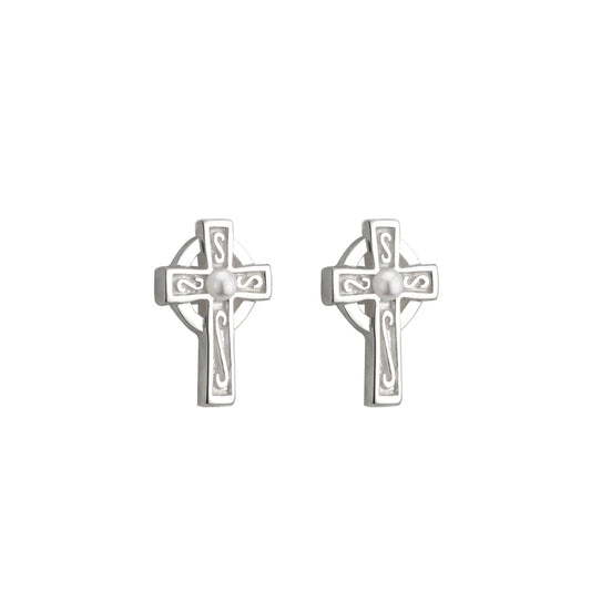 Little Tara Communion Pearl Celtic Cross Stud Earrings