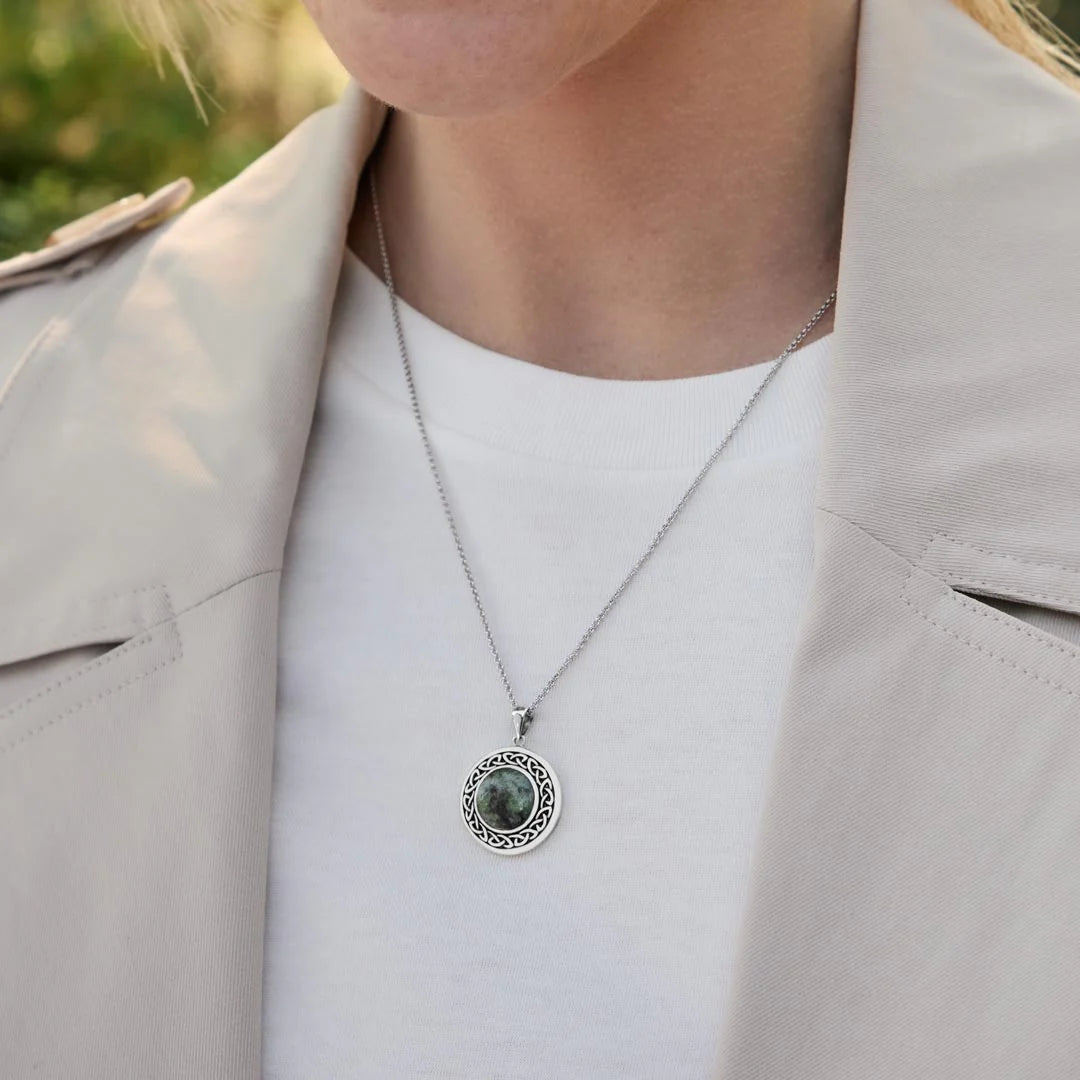 Solvar Sterling Silver Connemara Marble Round Celtic Pendant