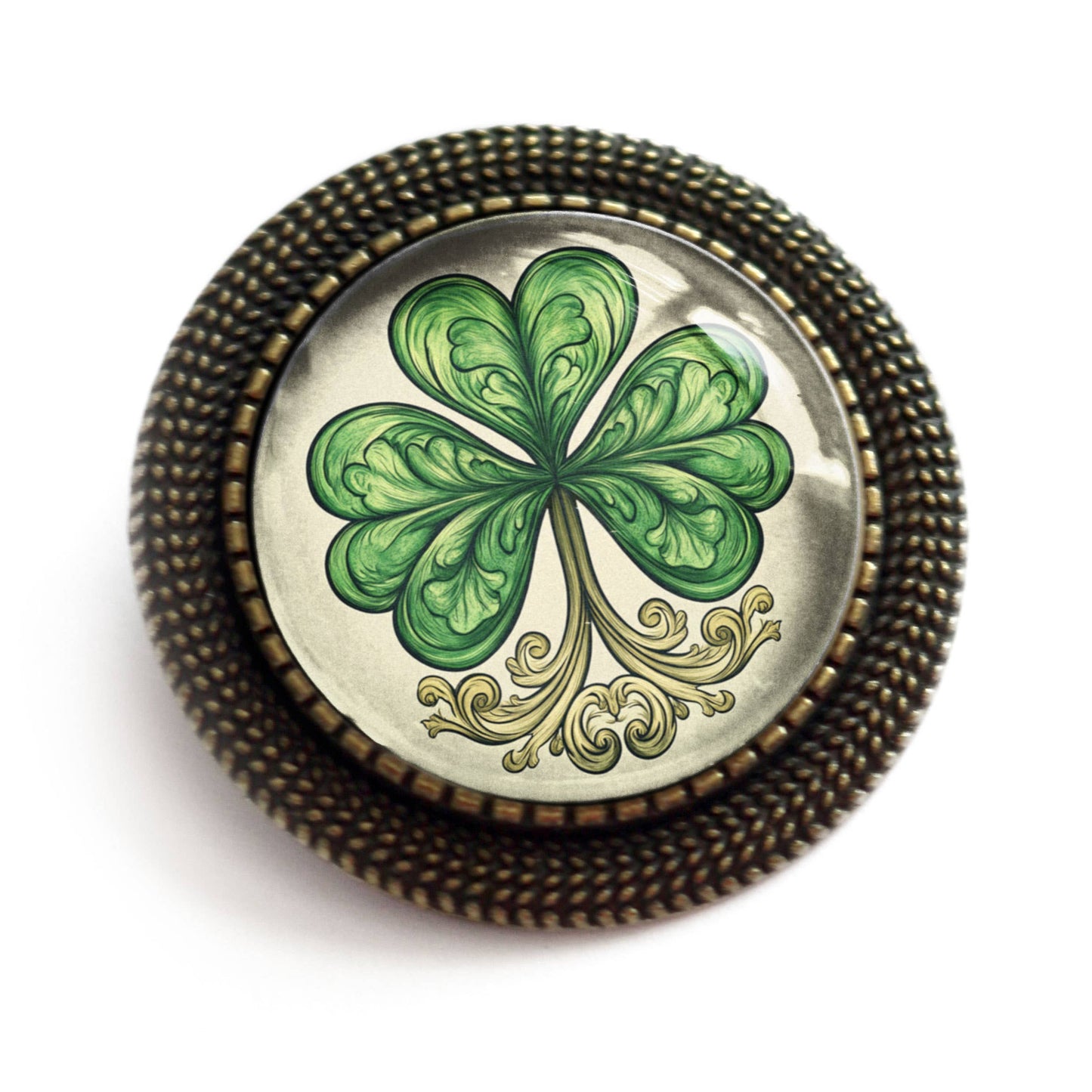 Classic Shamrock St. Patrick's Day Bronze and Glass Brooch