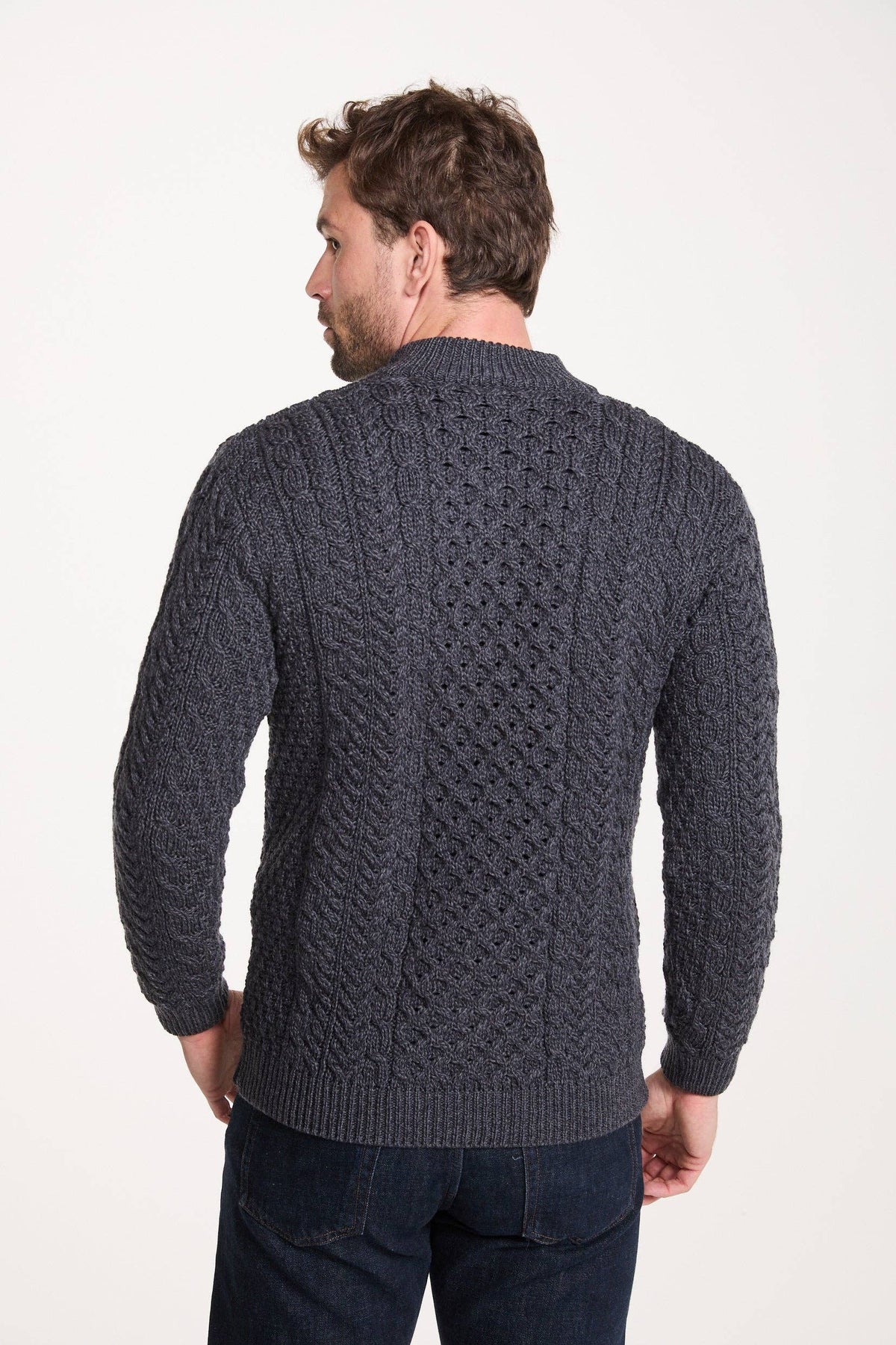Ballycroy Mens Merino Aran Half Zip Sweater - Grey
