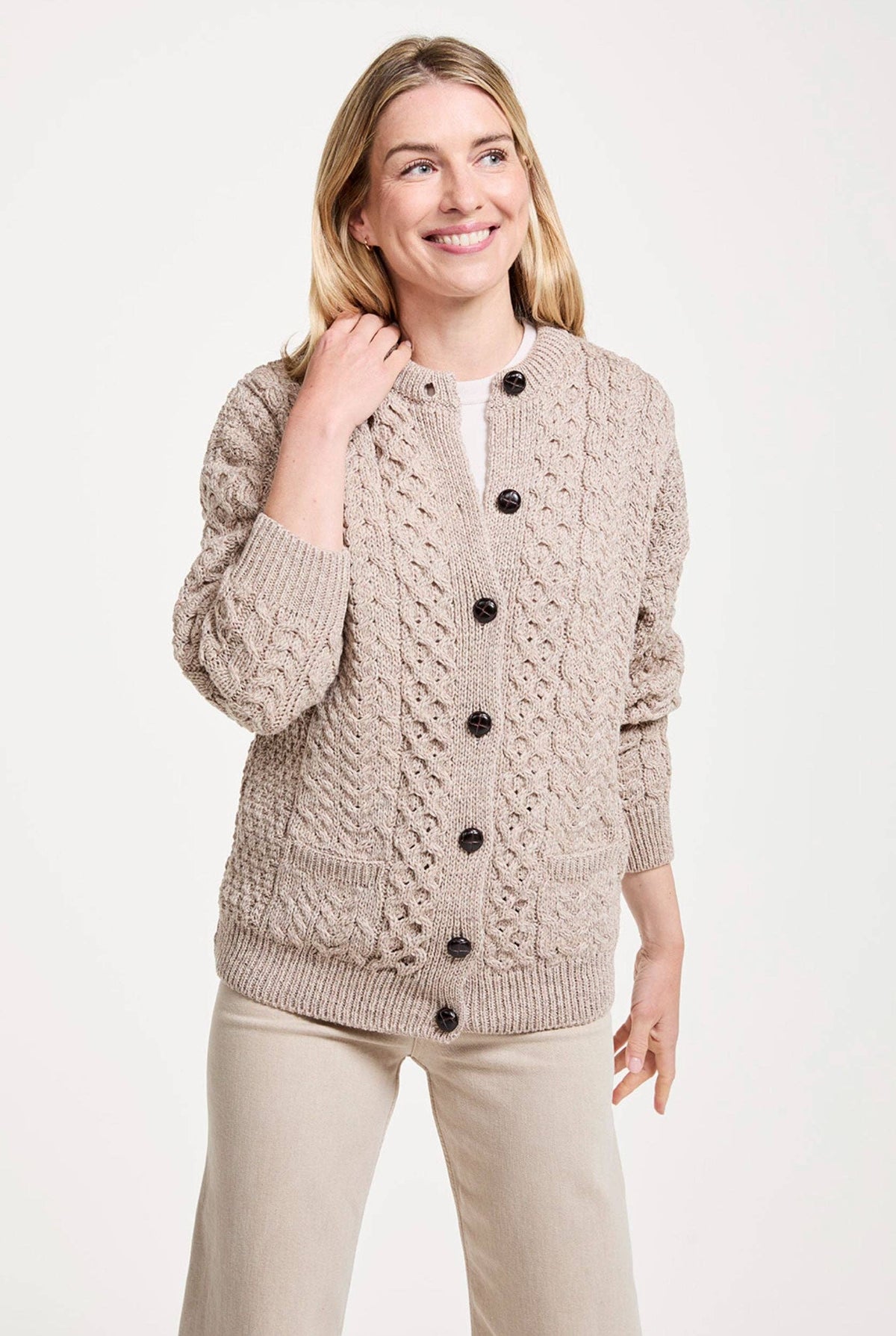 Achill Island Ladies Merino Aran Cardigan - Oat